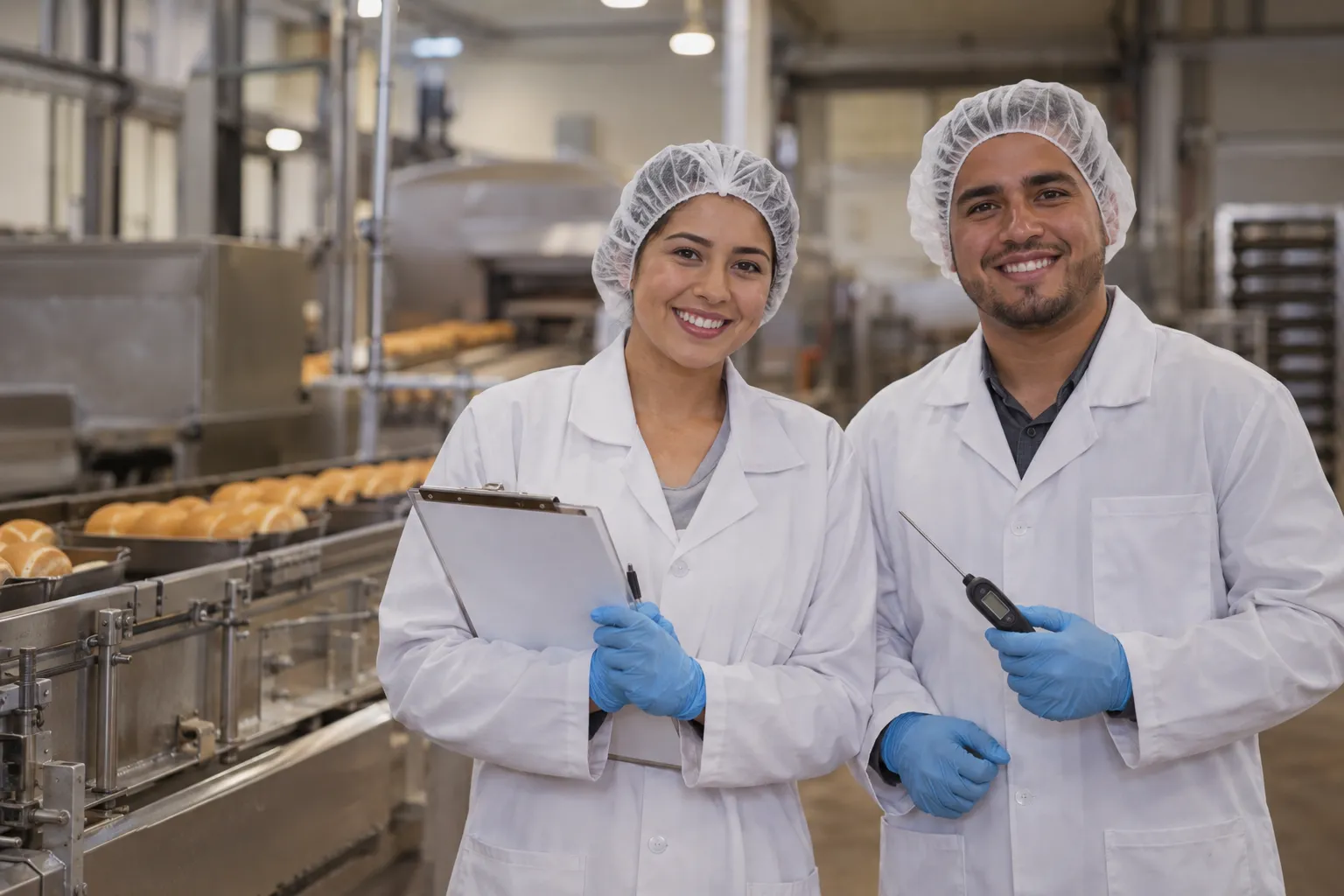 Dos encargados de calidad con cofia, guardapolvo y guantes sonríen a cámara junto a una línea de panificados, con una planilla y un termómetro de sonda