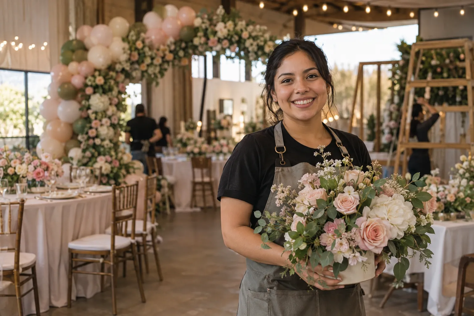 Decoradora de eventos sonríe a cámara con un arreglo floral en un salón en pleno armado, con un arco de globos y flores detrás