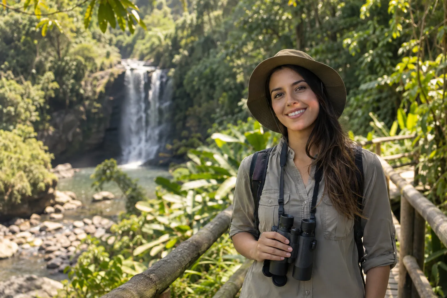 Guía de naturaleza con sombrero y binoculares sonríe a cámara en una pasarela de la selva, con una cascada detrás