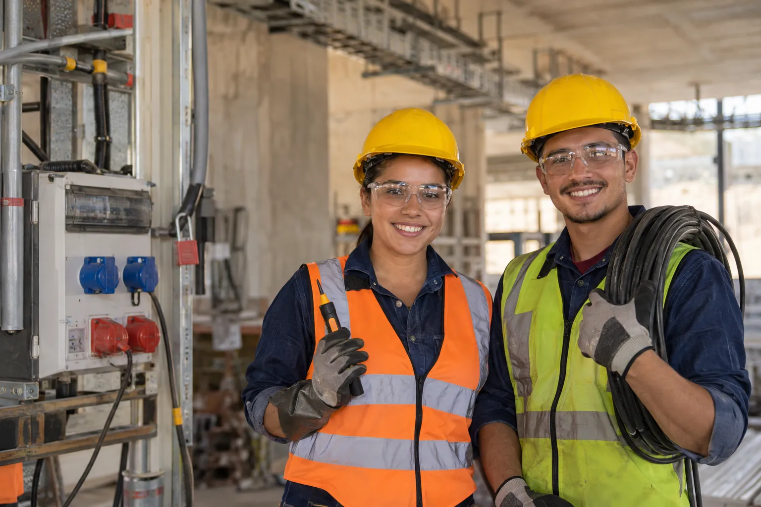 Una electricista y un electricista con casco amarillo y anteojos de seguridad sonríen a cámara en una obra junto a un tablero eléctrico, con un detector de tensión y un rollo de cable