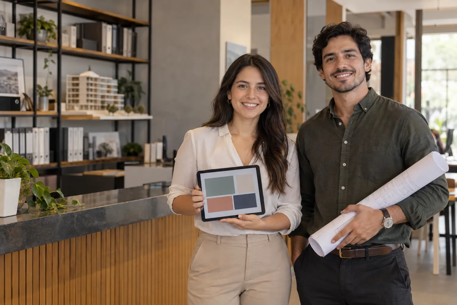 Una contadora con una tablet y un arquitecto con un rollo de planos sonríen a cámara en la recepción de su estudio profesional