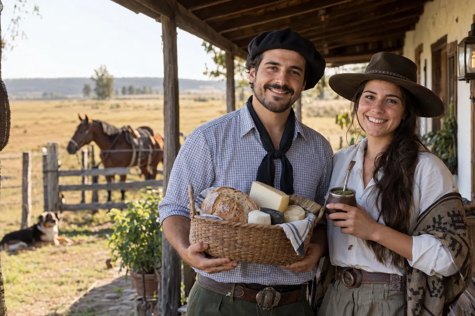 Anfitriones de turismo rural, él con boina y ella con sombrero, sonríen a cámara en la galería de una casa de campo, con una canasta de pan y quesos y un mate