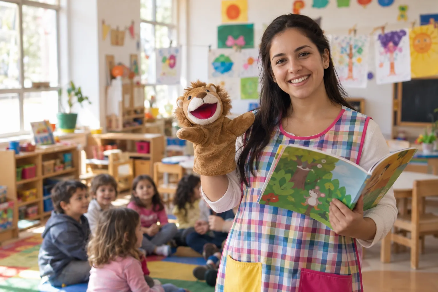 Maestra jardinera sonríe a cámara en una sala de jardín de infantes, con un títere de león y un libro de cuentos; detrás, niños sentados en ronda