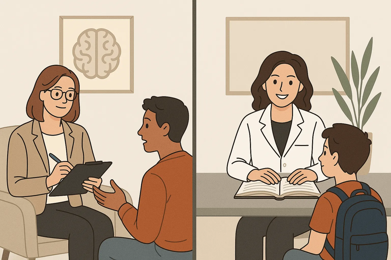 Ilustración que compara a una psicóloga en una sesión con un adulto y a una psicopedagoga que trabaja con un niño