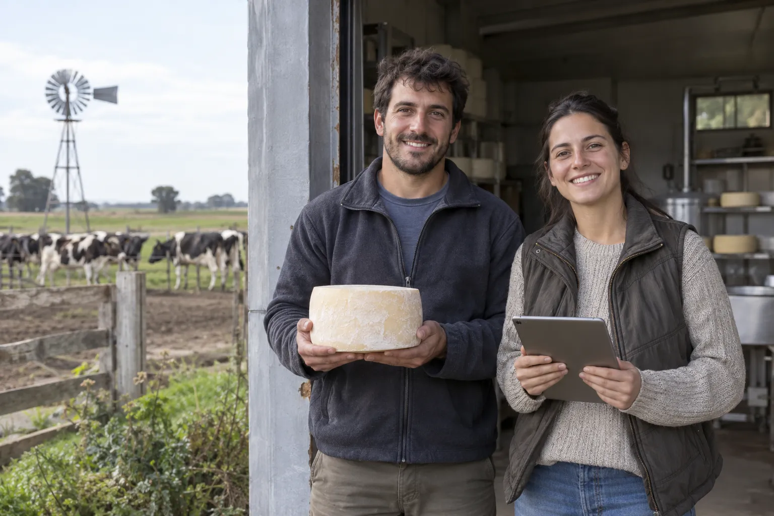 Emprendedores rurales sonrientes con una horma de queso y una tablet en la puerta de su sala de elaboración, con vacas y un molino detrás