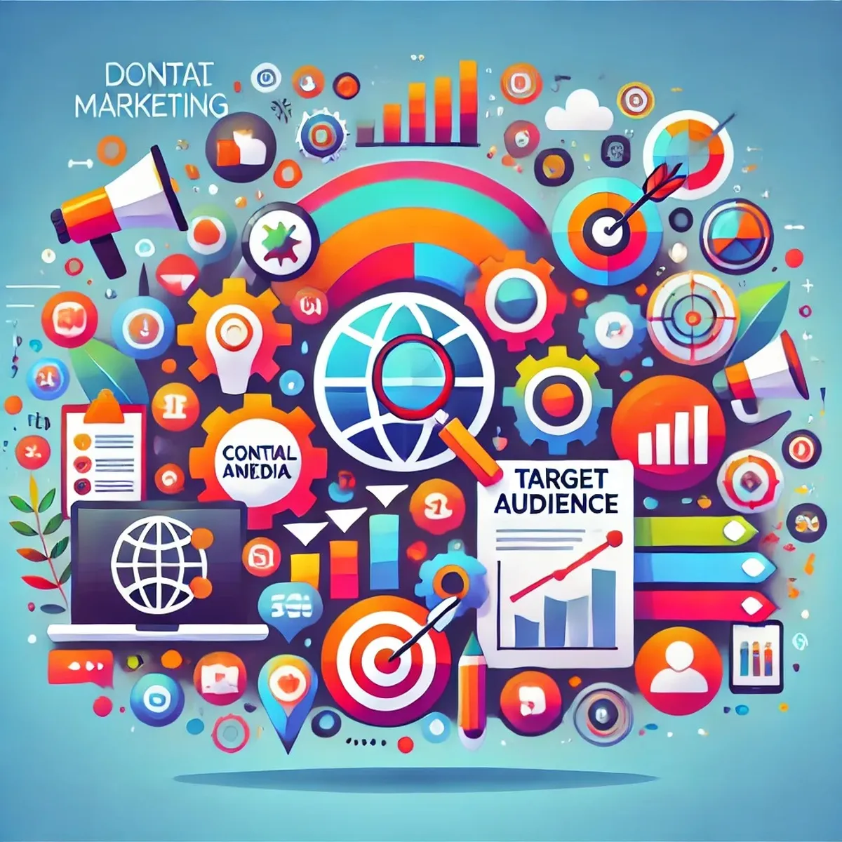 Ilustración con íconos de marketing digital: público objetivo, contenidos, redes y métricas
