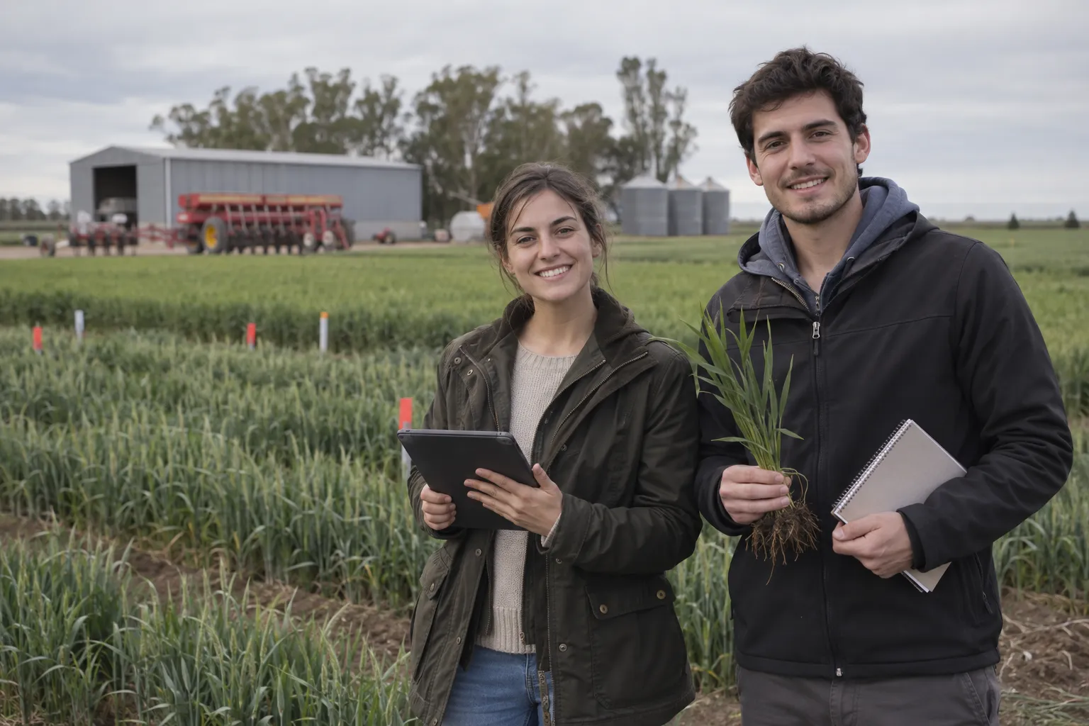 Estudiantes de administración agropecuaria con una tablet y una planta de trigo en una parcela de ensayo del campo
